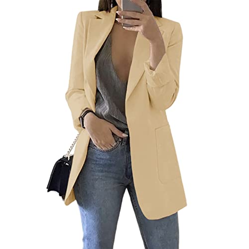 Cnkwei Womens Casual Blazers Open Front Long Sleeve Lapel Collar Work Office Jacket Beige