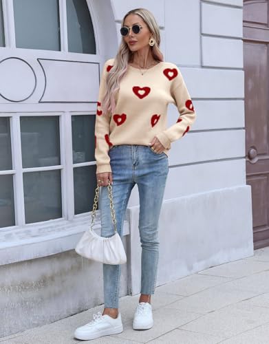 Image of Womens Cute Heart Sweater Crew Neck Long Sleeve Pullover Valentines Sweater