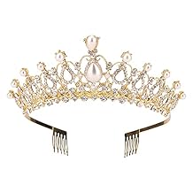 Women Tiara with Comb - Pearl Crystal Crown for Bridal Queen Princess Girls at Wedding Birthday Pageant Gold