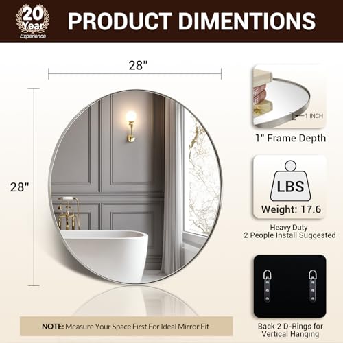 Image of ANDY STAR 28 inch Brushed Nickel Bathroom Mirror, Round Brushed Nickel Vanity Mirror, Silver Circular Mirror in Stainless Steel Metal Frame for Wall Decor, Living Room, Powder Room