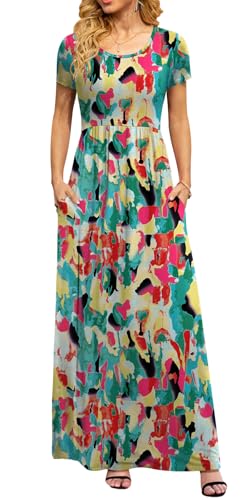 Image of DB MOON Womens 2026 Casual Summer Plus Size Maxi Dresses Short Sleeve Empire Waist Long Dress with Pockets(Color Mix, 2XL)