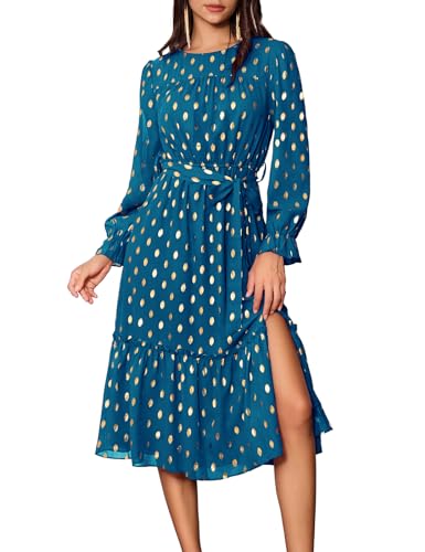 Image of GRACE KARIN Long Sleeve Dresses for Women 2023 Wedding Guest Polka Dot A-Line Midi Dress Split Ruffle Tiered Dress Peacock Blue L