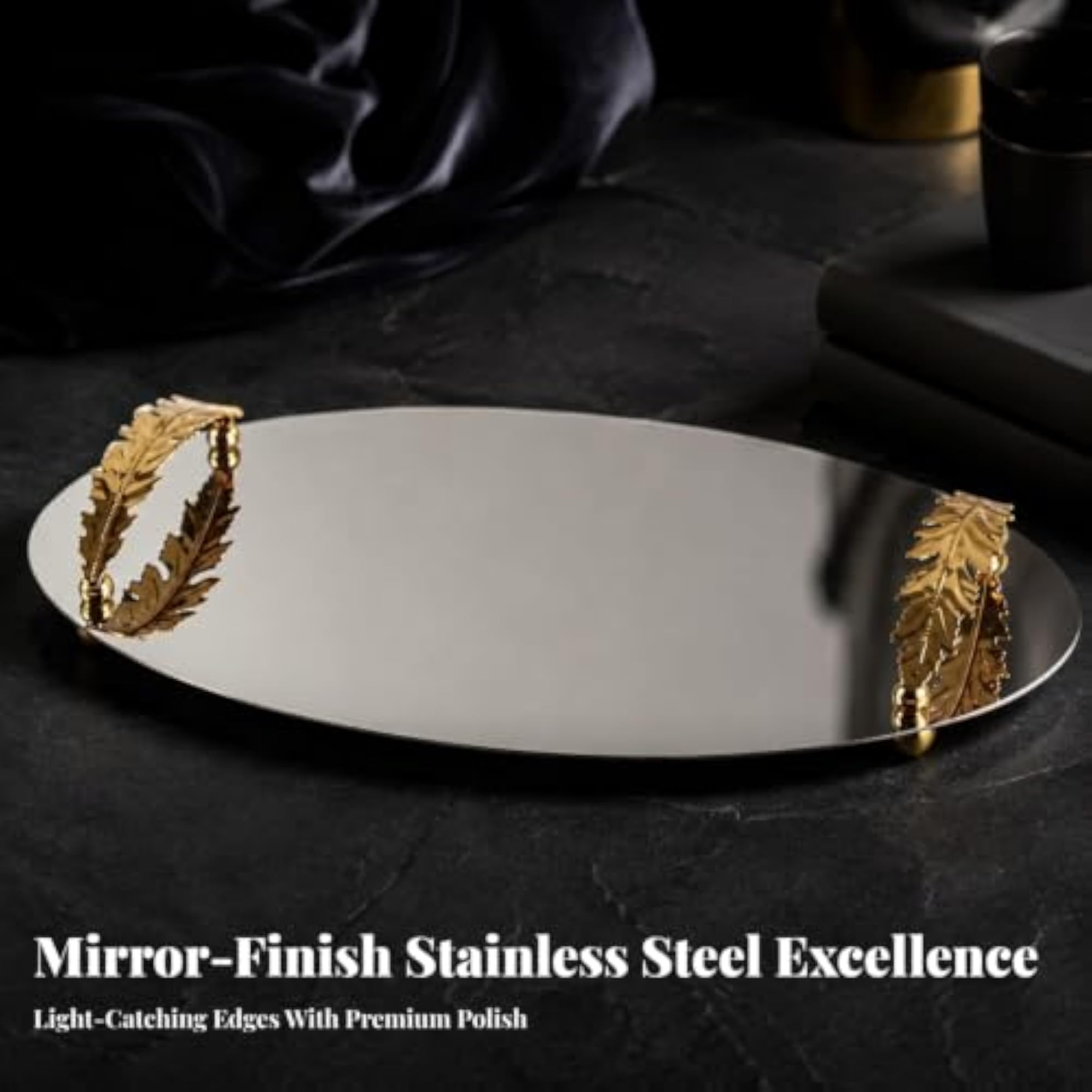 Elegant Oval Tray with Leaf Handles, Gold Polished