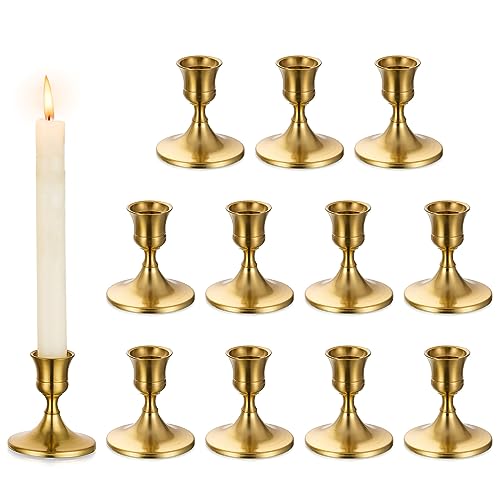 Romadedi Lot de 12 bougeoirs dorés pour bougies de table, petit porte-bougie en métal, vintage, moderne, décoration pour mariages, tables, Noël, Avent,...