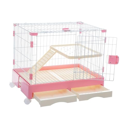 KLKCMS 屋内用ウサギケージ ネットヴィラ 引き出し式トレイ付き モルモット 猫飼育ケージ ペットハウス リス ウサギ用ヴィラ, ピンク