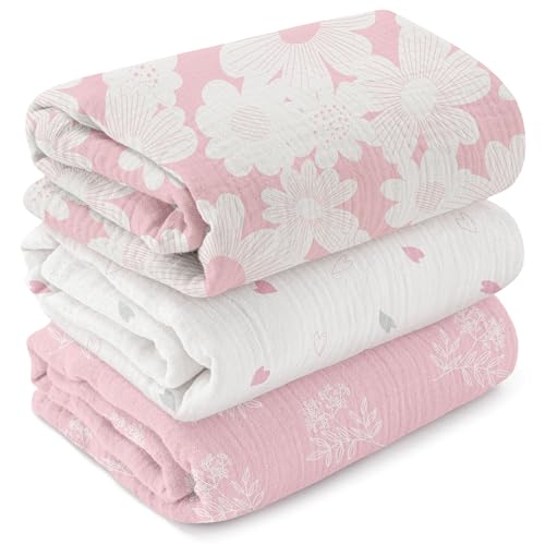 Image of GLLQUEN BABY Muslin Swaddle Blankets for Newborn Girls, Large 40''x38'' | 3Pk, 100% cotton, ultra soft and breathable, gentle on sensitive newborn skin, Multi-use as swaddle wrap, receiving blankets
