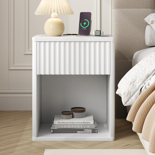 Image of White Nightstands Set of 2 w /Charging Station, Wooden End Table Bed Side Table with Curved Drawer, Mid Century Modern Fluted Night Stand with Rounded Edge for Bedroom, Living Room