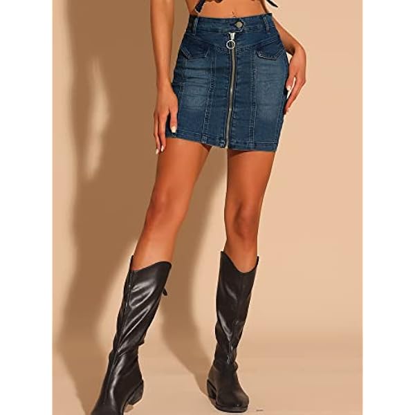 Allegra K Minigonna da donna con zip frontale in denim elasticizzato lavato slim fit a vita alta Jean