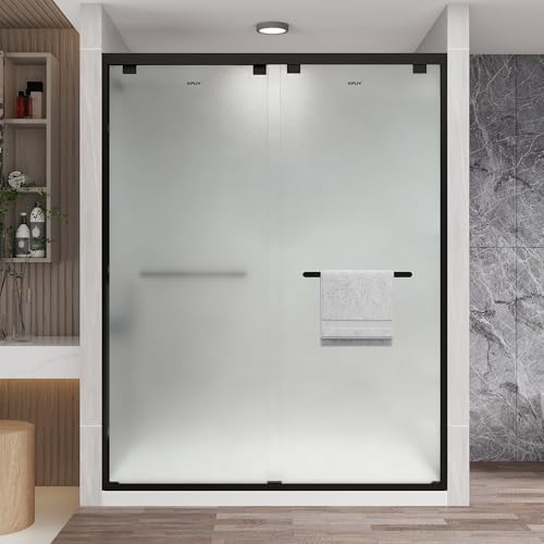 Image of KPUY Double Sliding Frosted Shower Door 61-66 inch W x 76 inch H, Matte Black