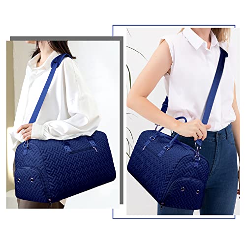 Image of Duffle Bag for Travel, Weekender Bag with Shoe Compartment, Carry On Overnight Bag for Women with Toiletry Bag, Gym Bag with Wet Pocket, Hospital Bags for Labor and Delivery Beige, Navy, 23.4x11x11.6