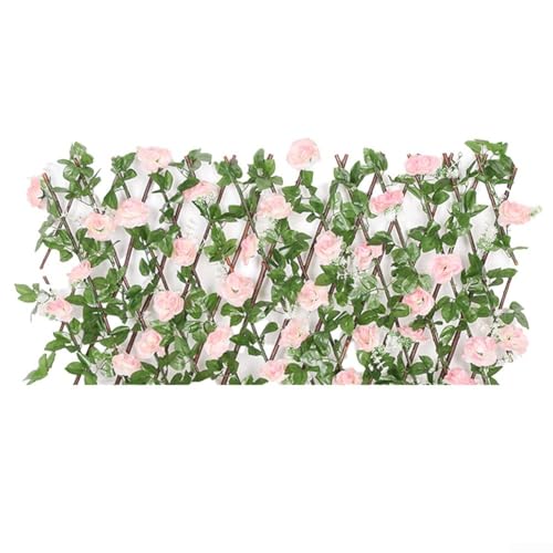 Enrejado de madera expandible con flores artificiales, hojas, decoración de jardín, pantalla de privacidad, valla retráctil (rosa claro)