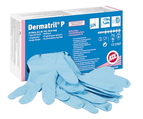 KCL Dermatril® P 743 Einweghandschuhe für Rechts- und Linkshänder, Nitril, Wasserdicht, Geeignet für die Lebensmittel-/Chemieindustrie, Blau, Größe 6XS, 074306082C (Schachtel mit 50 Stück)