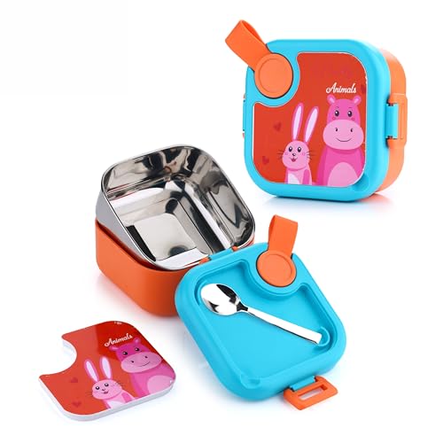 Image of Homeor Stainless Steel Box with Spoon, Tiffin Box for Kids, Airtight BPA Free & Leakproof Lunch Box, Steel Box for School Girls and Boys, Snacks Tiffin for Kids, 500 ML, Orange & Pink