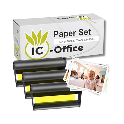 IC-Office Set Fotopapier für Canon Selphy CP1500 Papier KP-108IN 3115B001(AA) für Selphy CP CP780 CP790 CP810 CP820 CP910 CP1000 CP1300 CP1500 Fotodrucker, 108 Blätter 100 x 148mm + 3 Patronen