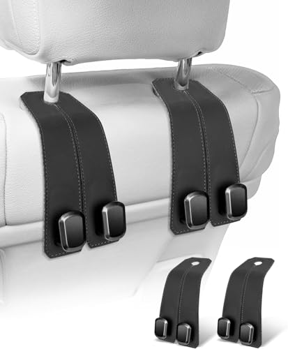 LAYZOO Car Hooks for Headrest, 2Pcs Seat Back Storage Hook Luxurious Leather Multifunctional Car Hanger & Holder for Heatrest, Seat, Bag, Purse Black