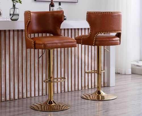 EALSON Leather Bar Stools Set of 2 Swivel Counter Height Barstools with Back Adjustable Bar Chairs with Gold Base Modern Upholstered Kitchen Island Stools for Home Bar Dining Room, PU Brown