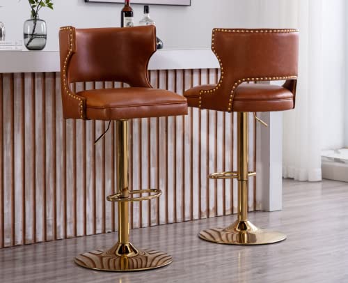 Ealson Leather Bar Stools Set Of 2 Swivel Counter Height Barstools With Back Adjustable Bar Chairs With Gold Base Modern Upholstered Kitchen Island Stools For Home Bar Dining Room, Pu Brown #TOP27