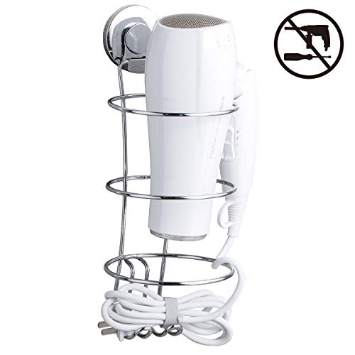 Swamtik NO-Drilling Chromed Hair Dryer Holder Suction Cup Hooks Hanging for Bathroom