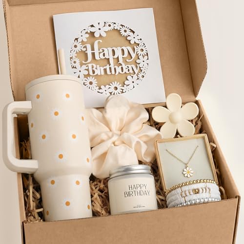Mirasphere Birthday Gifts for Women Teen Girl - Cute Teen Girl Gifts with Daisy Tumbler - Happy Birthday Box for Women Her Sister Best Friend Daughter Female of All Ages (Off white)