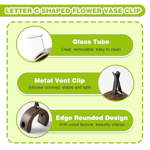 Image of Rislobx Car Vase Vent Clip, Letter C Mini Flower Car Vase Clip Wood Plant Holder Glass Tube Air Vent Decor Interior Accessories Decoration (Dark Brown)