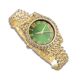 richhut Orologio da donna con diamanti da donna, quadrante verde/blu/rosso, cinturino largo 15 mm, placcato oro bianco 18 kt, con catena a maglia cubana opzionale, regalo per fidanzata e moglie, Solo