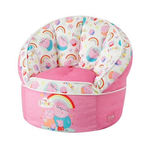 Peppa Pig Kids Bean Bag Chair Soft Plush Lounge Seat with Rainbow & Family Print Cozy Chair for Bedroom Playroom or Nursery Pink