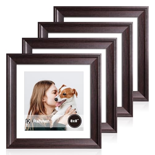 Image of iRahmen 8x8 Vintage Picture Frame with Mat 6x6 - High Definition Real Glass Wooden Photo Frames for Tabletop Display and Wall Mounting (Dark Brown, Set of 4)