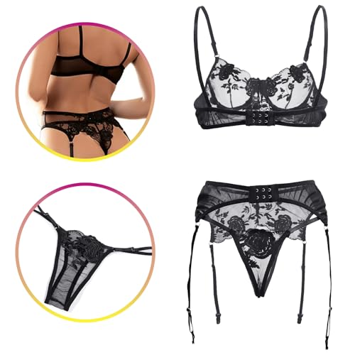 Conjunto-de-Lenceria-Sexy-para-Mujer-viene-con-Sujetador-Braguita-y-Ligas-3-Piezas-Ropa-Interior-Bra-con-Aros-y-Tanga-Atrevida-Bordado-Rosa-Floral-Transparente-Liguero-con-4-Tirantes-Ajustables Conjunto-de-Lenceria-Sexy-para-Mujer-viene-con-Sujetador-Braguita-y-Ligas-3-Piezas-Ropa-Interior-Bra-con-Aros-y-Tanga-Atrevida-Bordado-Rosa-Floral-Transparente-Liguero-con-4-Tirantes-Ajustables