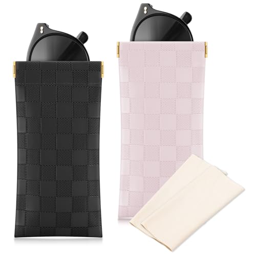 Image of Sightor Sunglasses Case, 2 Pcs Soft Eyeglass Cases Checkered Sunglass Case Portable Squeeze Top Leather Glasses Pouch