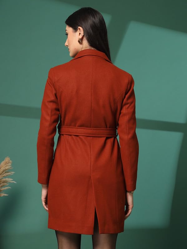 Image of CHKOKKO Polycotton Winter Wear Double Breasted Long Coat for Women Rust L
