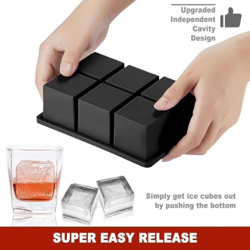 Image of Ice Cube Molds with Lid,Big Silicone Ice Cube Tray for Whiskey,2Inch Square Ice Cube Tray,Easy-Release Ice Mold,Giant Ice Cubes for Bourbon Cocktail (2, Full Black)
