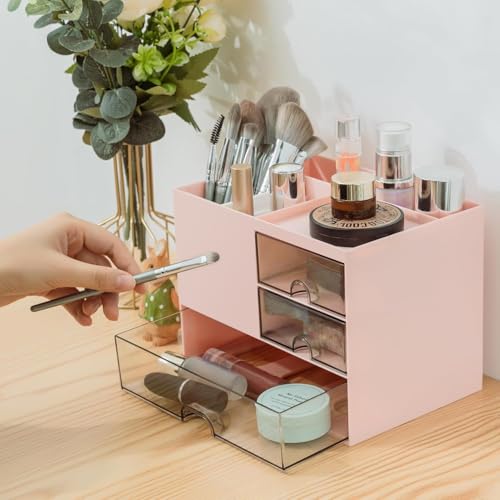 Image of UCRAVO Pink Desk Organizer with Drawers for Office,Study Table,Home Multi-Functional Table Organizer for Stationery, Desktop Storage Box for Students & Office Use,Acrylonitrile Butadiene Styrene