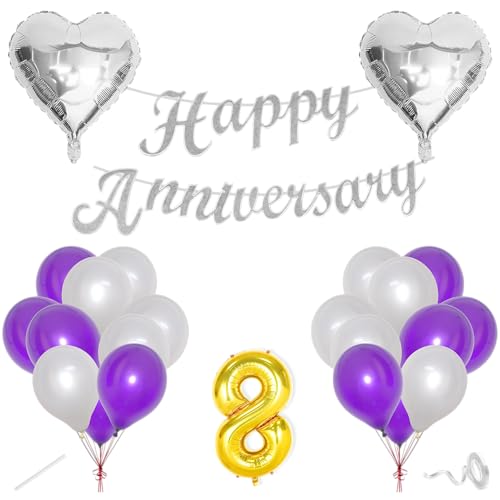 Image of Flyloons 8th Happy Anniversary Decoration Items Purple for Men Women Husband Wife Mom Dad Parent Couple Home Bedroom Car With 20 Pcs Metallic Balloons Anniversary Banner 2 Pcs Heart Set Kit