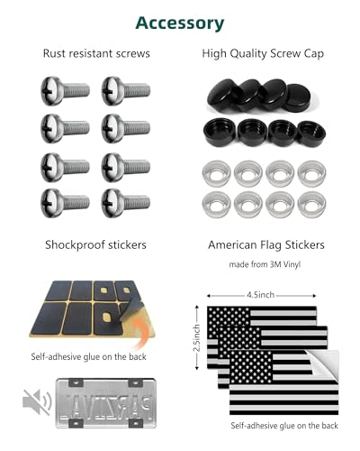 Image of License Plate Frames American Flag, 2 Pack Black Patriotic Plate Frames | Plastic Patriotic USA Flag Car Tag Cover, 4 Holes, Rust Resistant Screws Bolts, Black Caps Included