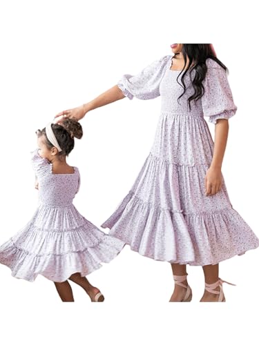 Robes de maman et moi tenues assorties pour la famille, robe à manches courtes fluide et fatiguée pour mère et fille, Motif floral violet., XXL