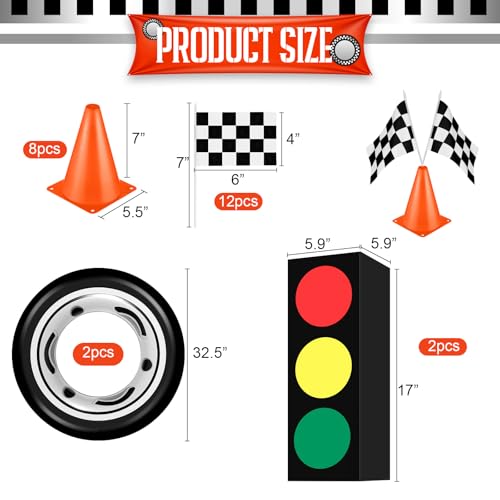 Remagr 31 Pcs Race Car Party Decoration Supplies - Racing Flag Checkered Tablecloth Track Running Mat Traffic Cones Traffic Light Gift Boxes Tire Tube Swimming Ring for Racing Car Birthday Decorations