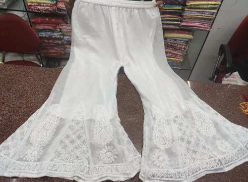 Image of Women's Georgette Chikankari Kali Sharara with Handwork | White Flared Sharara for Women | Adjustable Waist Up to XL | Festive, Wedding & Ethnic Wear