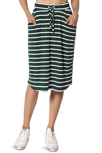 Women's Drawstring Elastic Waist Dolphin Hem Stretch Jersey Pocket Midi Skirt