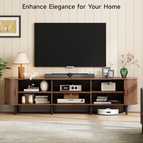 Image of ONBRILL 86.6 inch TV Stand with Power Outlet for TVs up to 90 Inch, Entertainment Center with Storage and Adjustable Shelves, Modern Media Console with Sliding Doors for Living Room, Walnut