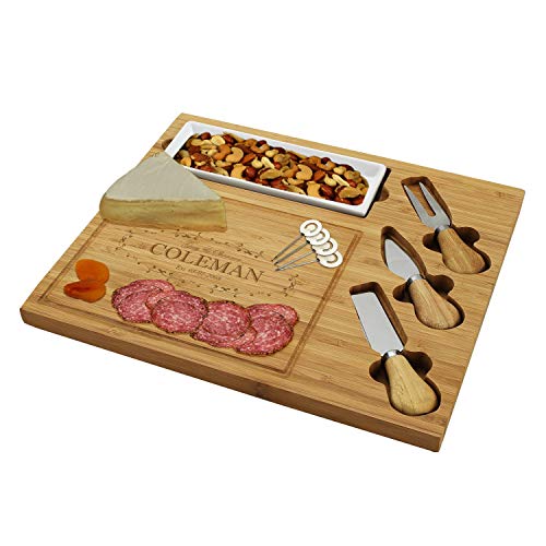 Custom Personalized Engraved Bamboo Cutting Board for Cheese & Charcuterie with Ceramic Dish, Knife Set & Cheese Markers -by Picnic at Ascot USA