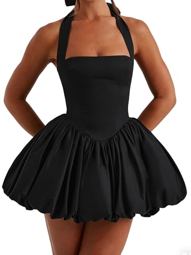 Image of Women's Y2K Sexy Halter Corset Mini Dress Backless Corset Bubble Ruched Waist Club Party Dresses
