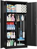 Wide & Deep Metal Storage Cabinet with Hanging Rod,Black Broom Closet Storage Cabinet with Lock,72' Tall Wardrobe Cabinets with Doors and Shelves,Locking Steel Tool Cabinets for Home,Office,Garage