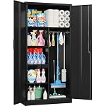 Wide & Deep Metal Storage Cabinet with Hanging Rod,Black Broom Closet Storage Cabinet with Lock,72" Tall Wardrobe Cabinets with Doors and Shelves,Locking Steel Tool Cabinets for Home,Office,Garage