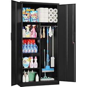 Wide & Deep Metal Storage Cabinet with Hanging Rod,Black Broom Closet Storage Cabinet with Lock,72″ Tall Wardrobe Cabinets with Doors and Shelves,Locking Steel Tool Cabinets for Home,Office,Garage