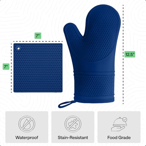 Image of GORILLA GRIP BPA-Free Soft Silicone Oven Mitts and Pot Holders Sets of 4, Heat Resistant Waterproof Cooking Gloves, Thick Cotton Lining, Flexible Gripping for Baking Grilling, Kitchen Trivets, Blue
