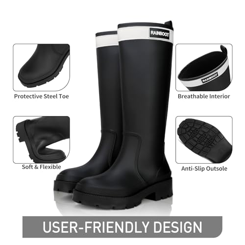 Rain Boots for Women, Waterproof Rubber Garden Boots Durable Slip Resistant Muck Boots,Tall Water Fishing Shoes Comfort Knee High Work for Outdoor3