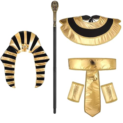 Harilla Accesorios de Disfraz Egipcio para Hombres, Cosplay Puesta, Accesorios para Fotos de cumpleaños y Carnaval, Disfraz de Faraón Rave, con Sombrero y bastón