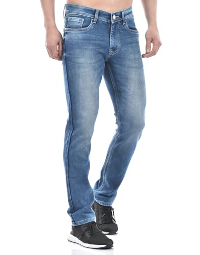 Image of Numero Uno Men Solid Blue Denim Tapered Fit Jeans