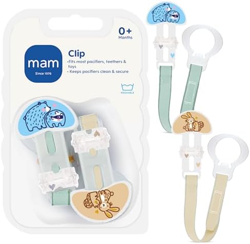 MAM Universal Pacifier Clip (2 Pack) โ Baby Pacifier Holder Strap with One Hand Sliding Clip, Fits All Pacifiers & Teethers, Soft Ribbon Strap, Secure Binky Clip for Babies, BPA Free