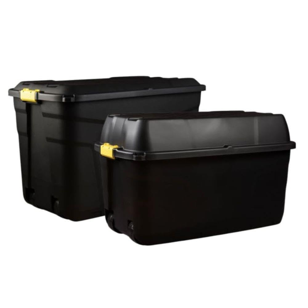 Original Organics Black Heavy Duty Plastic Storage Boxes With Wheels – 190L And 175L, Large Lockable Storage Trunks With Secure Lids For Garden, Garage And Home Storage, Mixed Size Bundle Set Of 2
